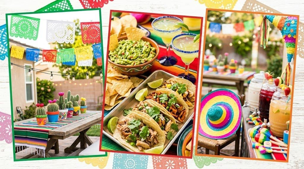 Colorful Cinco de Mayo party decorations with papel picado banners and vibrant table settings.