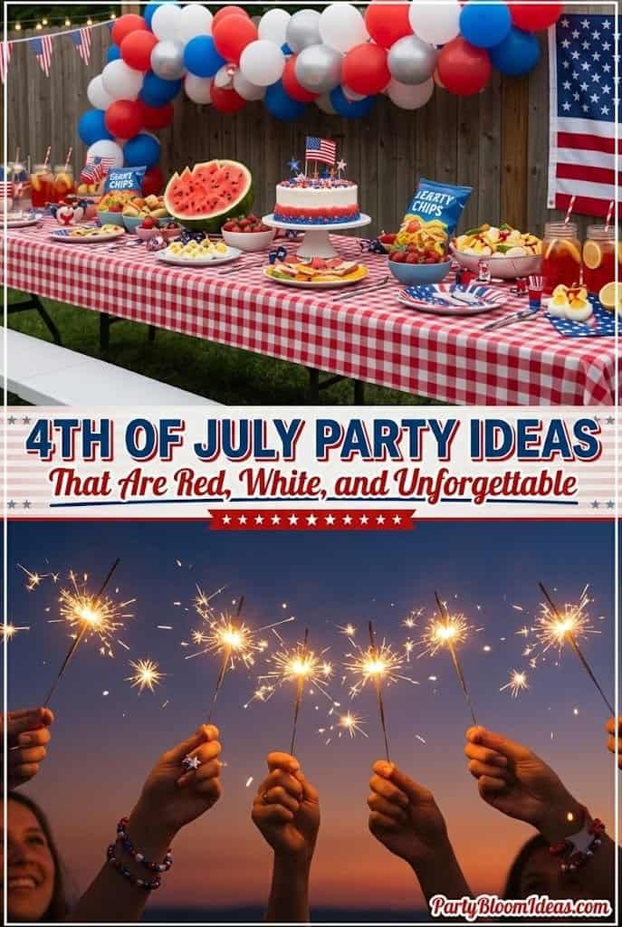 Festive 4th of July party setup featuring patriotic balloons, themed tableware, and fireworks for a.