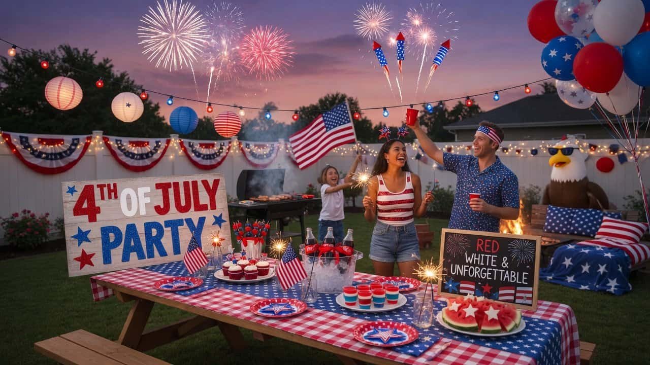 Vibrant 4th of July party scene with fireworks, patriotic decorations, and friends enjoying festive.