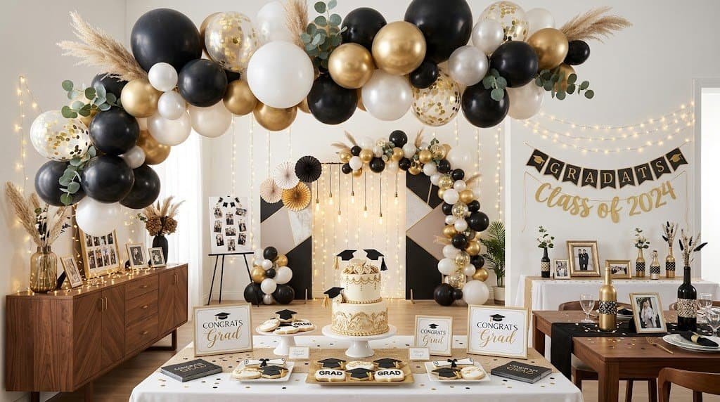 Balloon arch with black, gold, and white balloons for graduation celebrations.