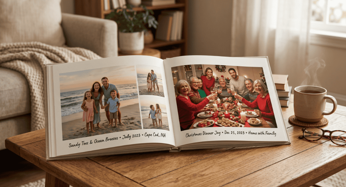 Family celebrating Mother's Day with a photo album and warm atmosphere.