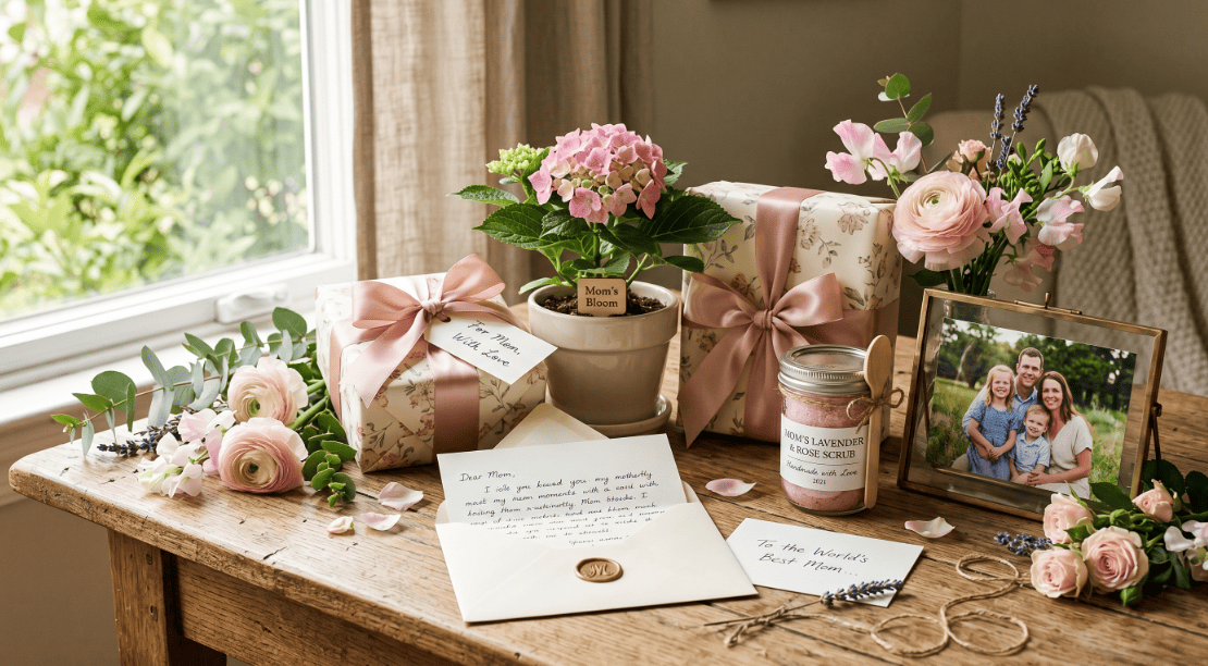 Elegant Mother's Day gift setup with flowers, wrapped presents, and a heartfelt letter.