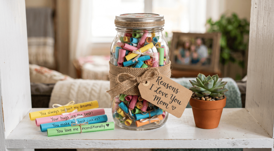 Mason jar filled with colorful markers, perfect for a thoughtful Mother’s Day gift.