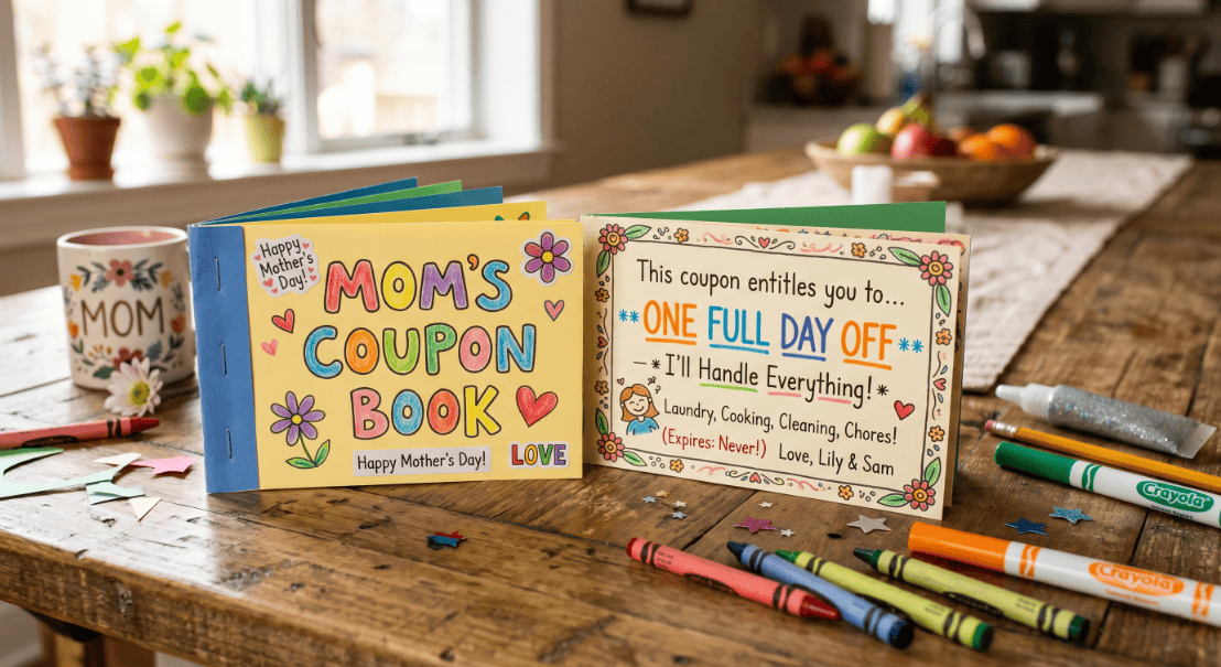 Creative Mother's Day coupon book with colorful pages and fun activities for moms.