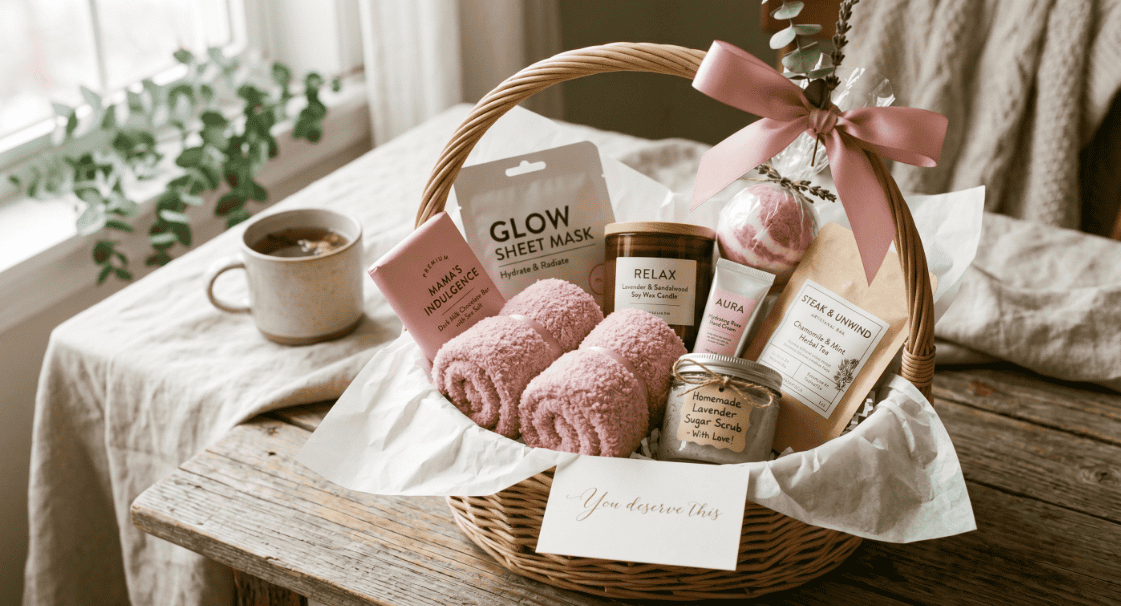 Mother’s Day gift basket with skincare, plush towels, and relaxation items for a thoughtful gift.
