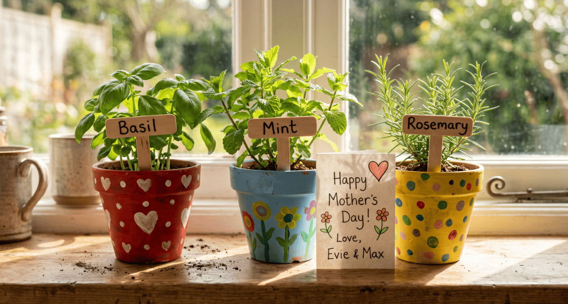 Herb plants in vibrant pots: basil, mint, and rosemary, perfect thoughtful gifts for Mother’s Day.