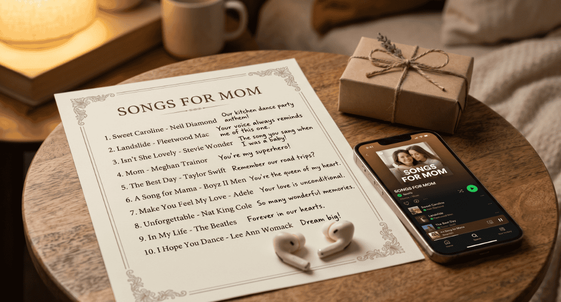 Song lyrics for Mother's Day on paper with a smartphone displaying "Songs for Mom".