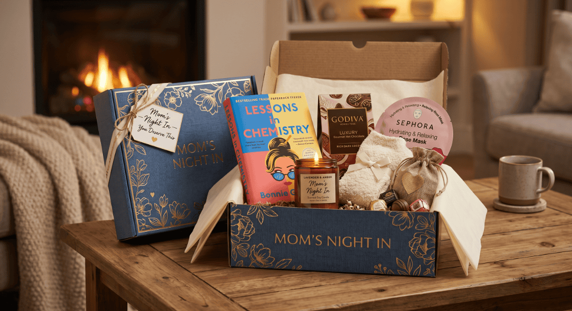 Gift box with spa, chocolates, and books for Mother's Day celebration.