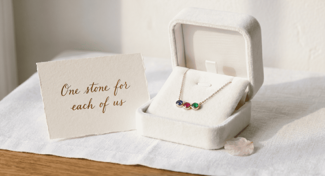 Elegant gemstone necklace in a white jewelry box, perfect Mother’s Day gift idea.