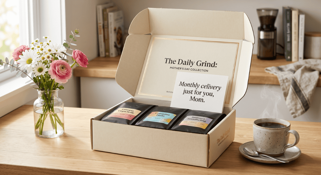 Elegant coffee and tea gift set in a box, perfect for Mother's Day surprises.