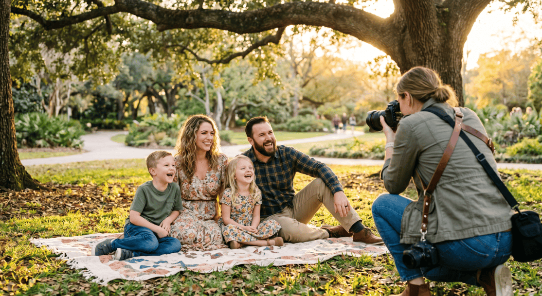 Family enjoying a photoshoot outdoors in a scenic park setting.
