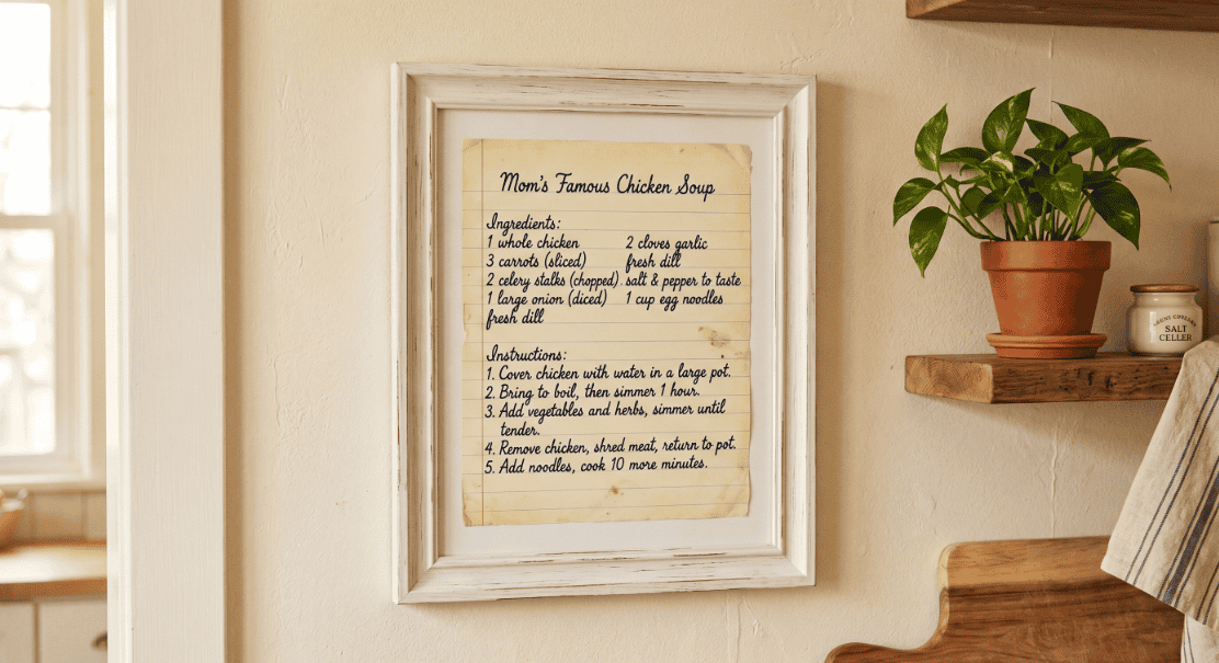 Framed handwritten chicken soup recipe for Mother's Day gift.
