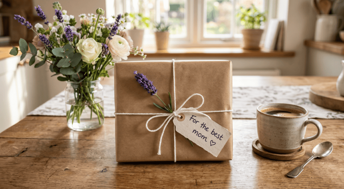 Thoughtful Mother's Day gift wrapped in brown paper with a lavender sprig and a "For the best mom" t.