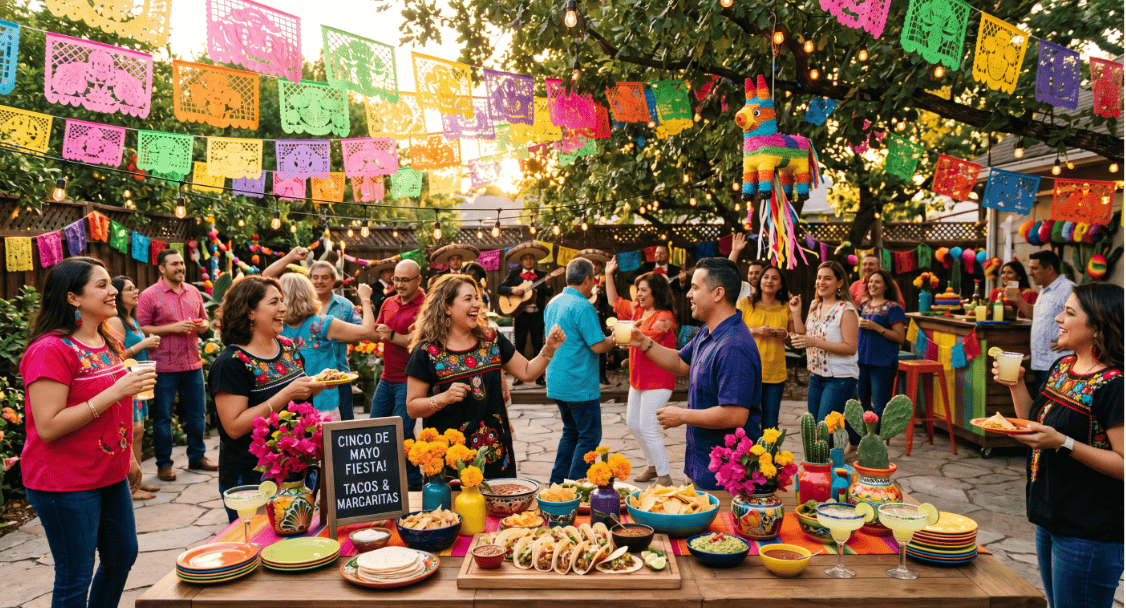 Colorful Cinco de Mayo celebration with guests dancing and traditional decorations.
