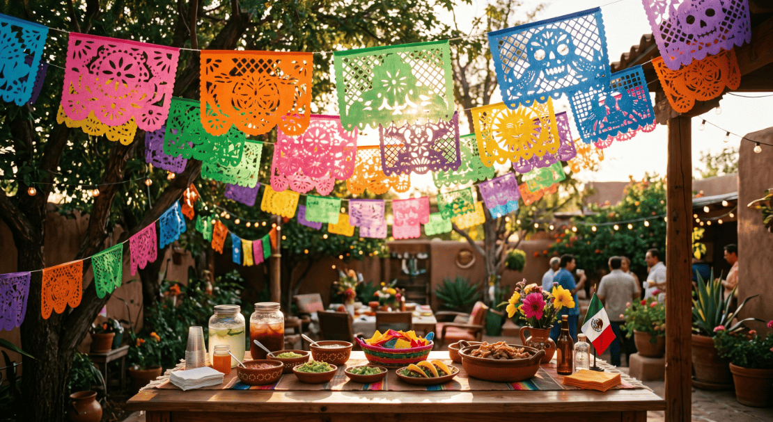 Colorful papel picado banners for Cinco de Mayo celebration.
