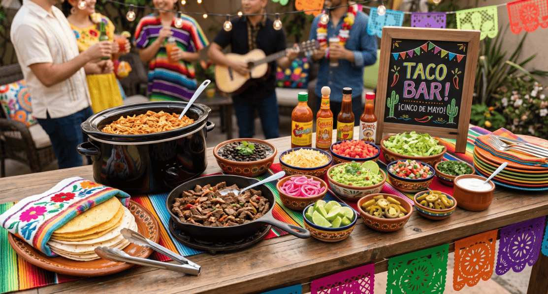 Colorful Cinco de Mayo taco bar with toppings and decorations for a festive celebration.