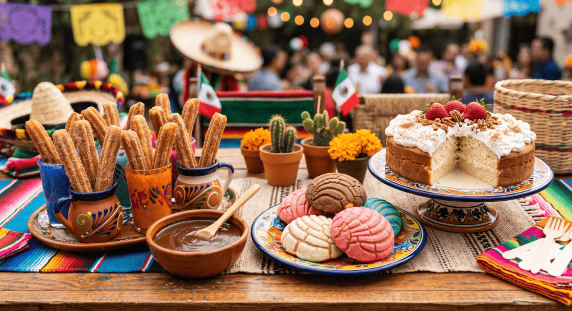 Colorful Cinco de Mayo dessert table with churros, cakes, and traditional Mexican treats.