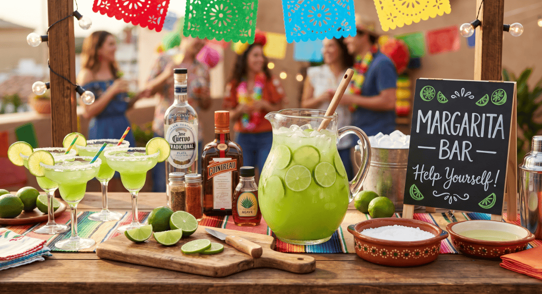 Colorful Cinco de Mayo margarita bar with lime drinks and decorations.