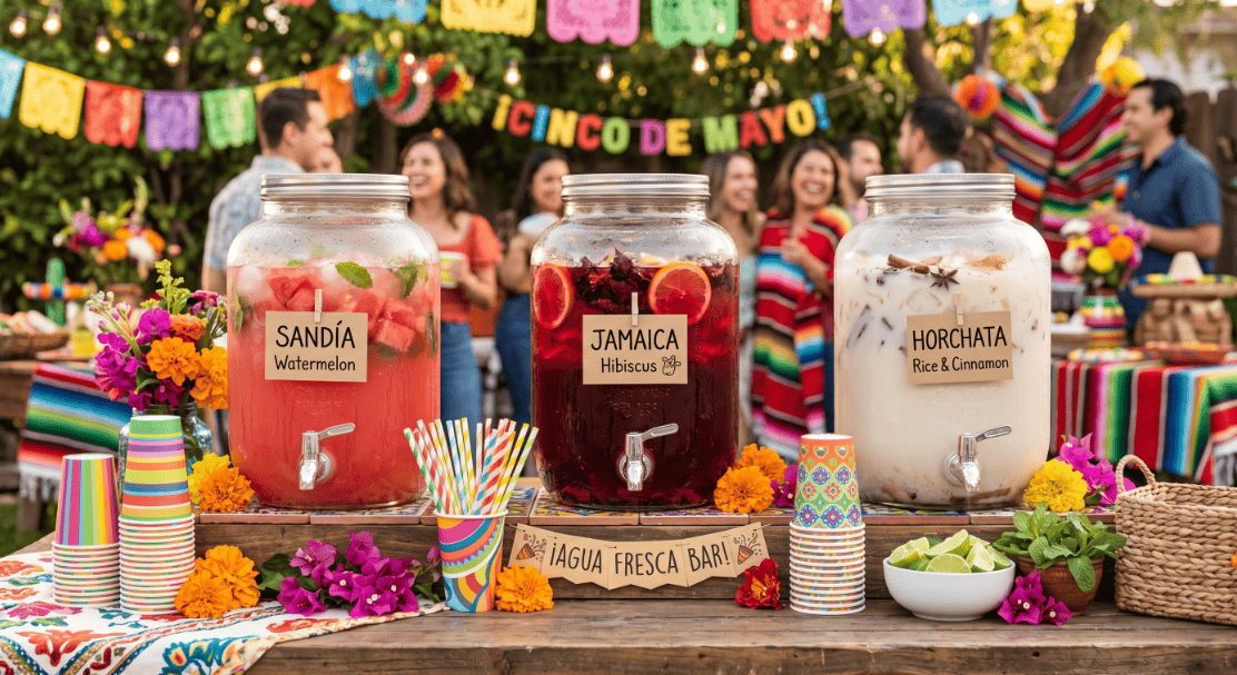 Vibrant Cinco de Mayo themed drink station with colorful beverages and festive decorations.