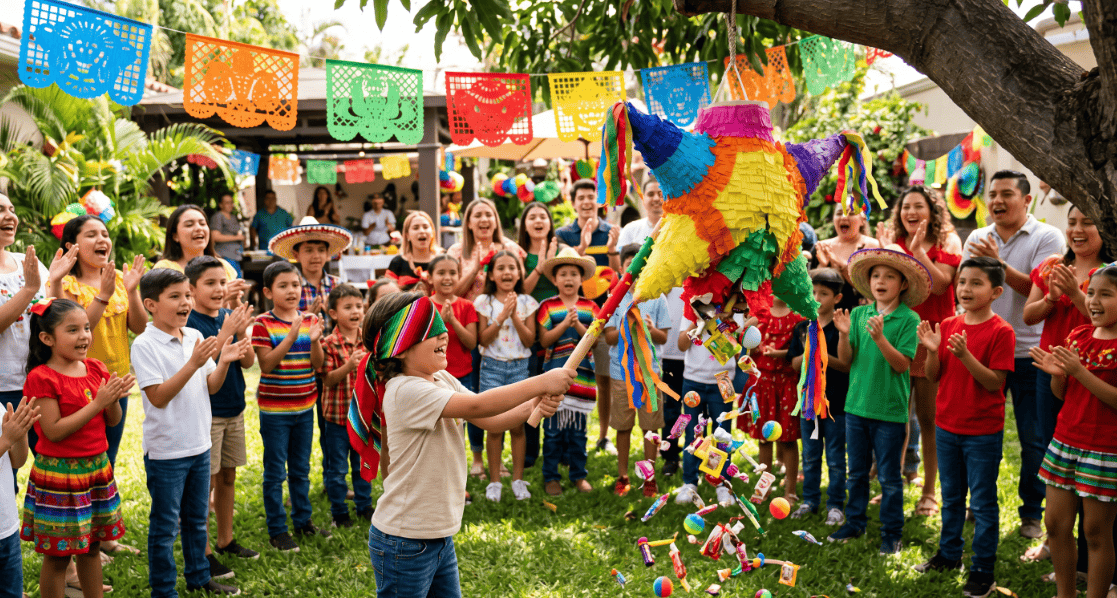 Vibrant Cinco de Mayo party scene with kids enjoying piñata game outdoors.
