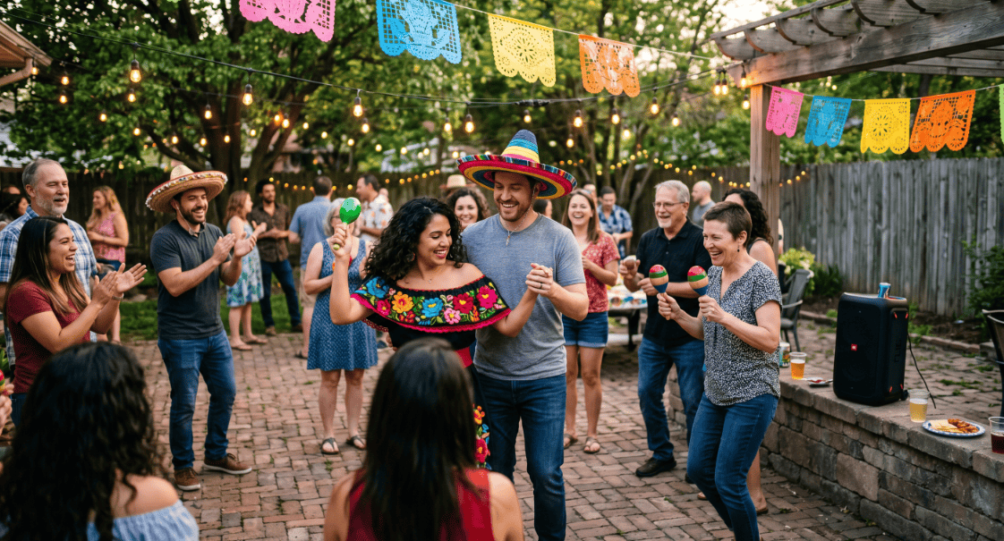 People celebrating Cinco de Mayo with dancing and decorations outdoors.