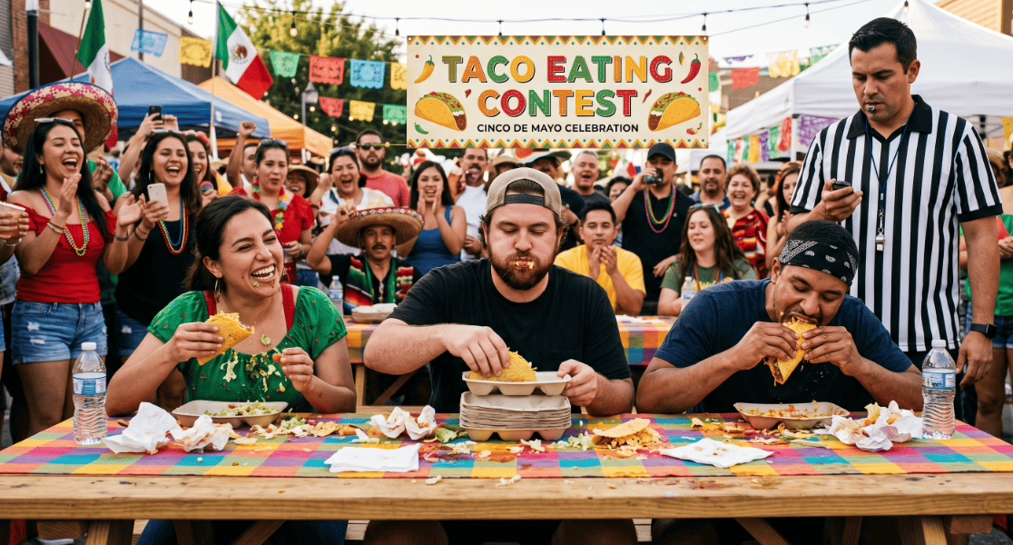 Taco eating contest at Cinco de Mayo celebration with happy participants and festive decorations.