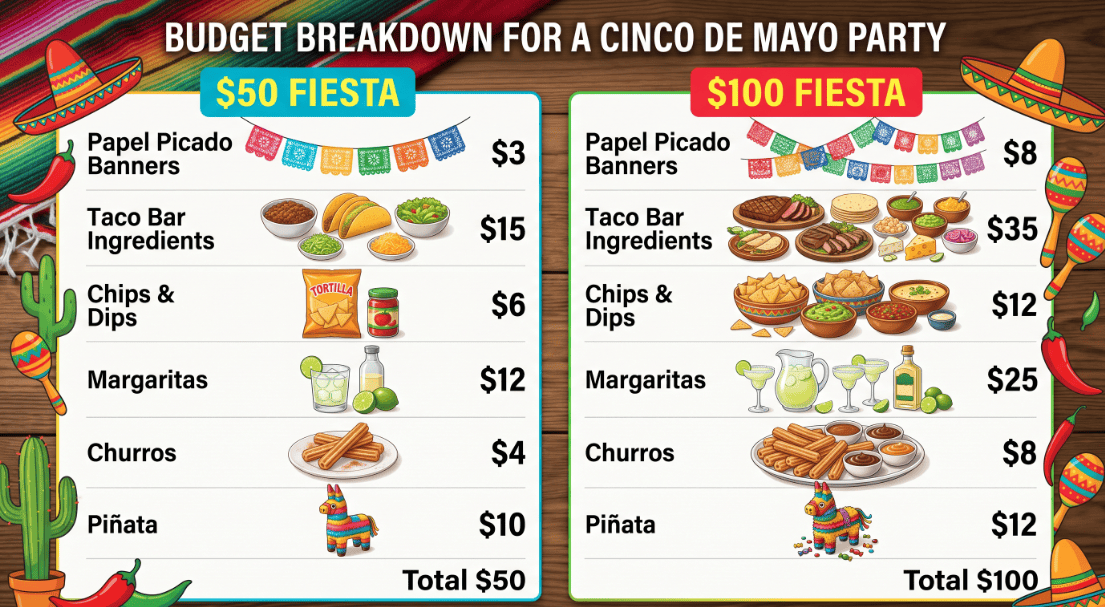 Cinco de Mayo party budget breakdown with food and decoration costs for $50 and $100 fiestas.