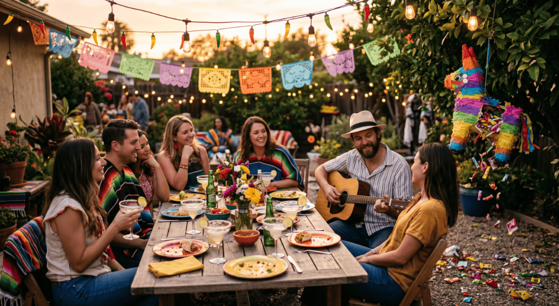 Group of friends enjoying a colorful Cinco de Mayo outdoor party with decorations and music.