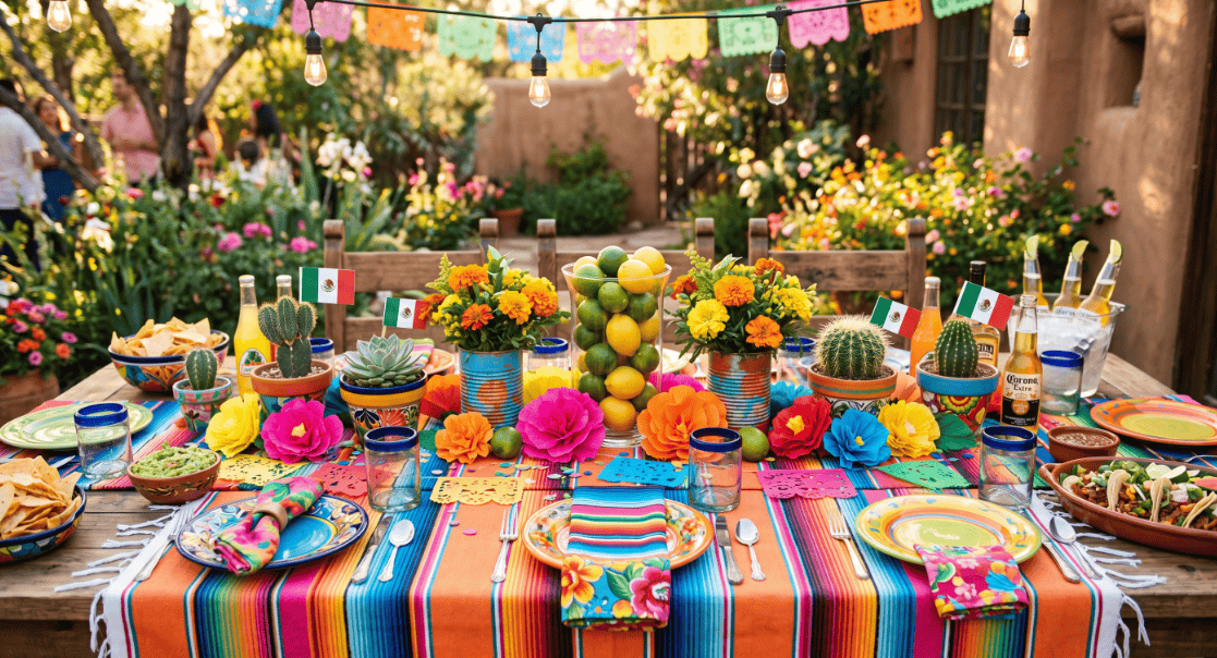 Vibrant Cinco de Mayo themed table with colorful decorations, flowers, and traditional Mexican eleme.