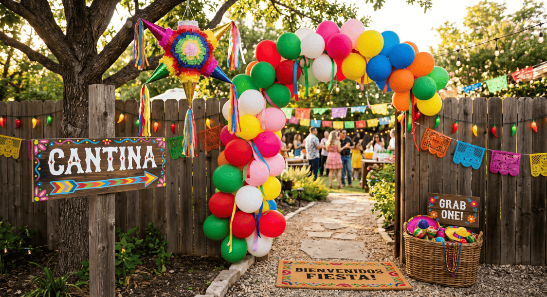 Vibrant balloon arch decorates the entrance to a Cinco de Mayo celebration with festive banners and.