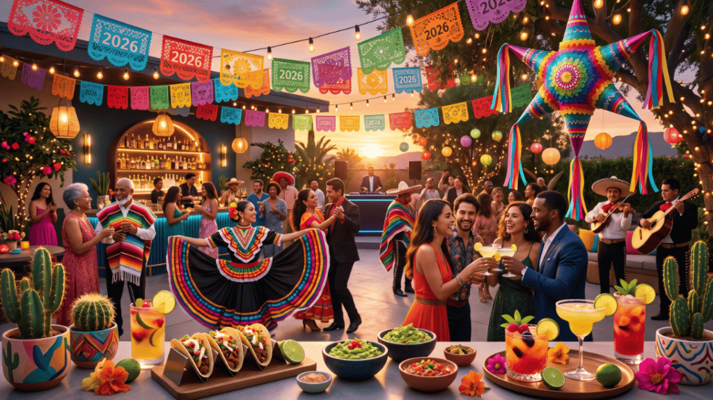 Vibrant Cinco de Mayo fiesta with colorful decorations, traditional costumes, and lively music for a.