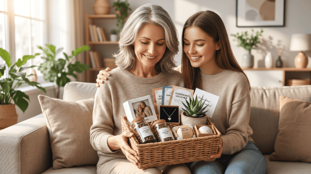 Elegant Mother's Day gift basket with skincare, wellness products, and plants for a special mom.