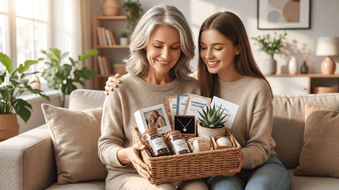 Elegant Mother's Day gift basket with skincare, wellness products, and plants for a special mom.