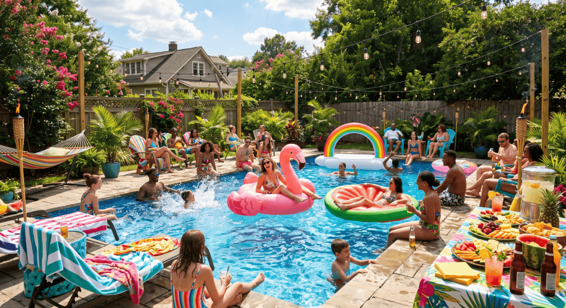 Vibrant pool party scene with kids and adults enjoying swimming, floating inflatables, and colorful.