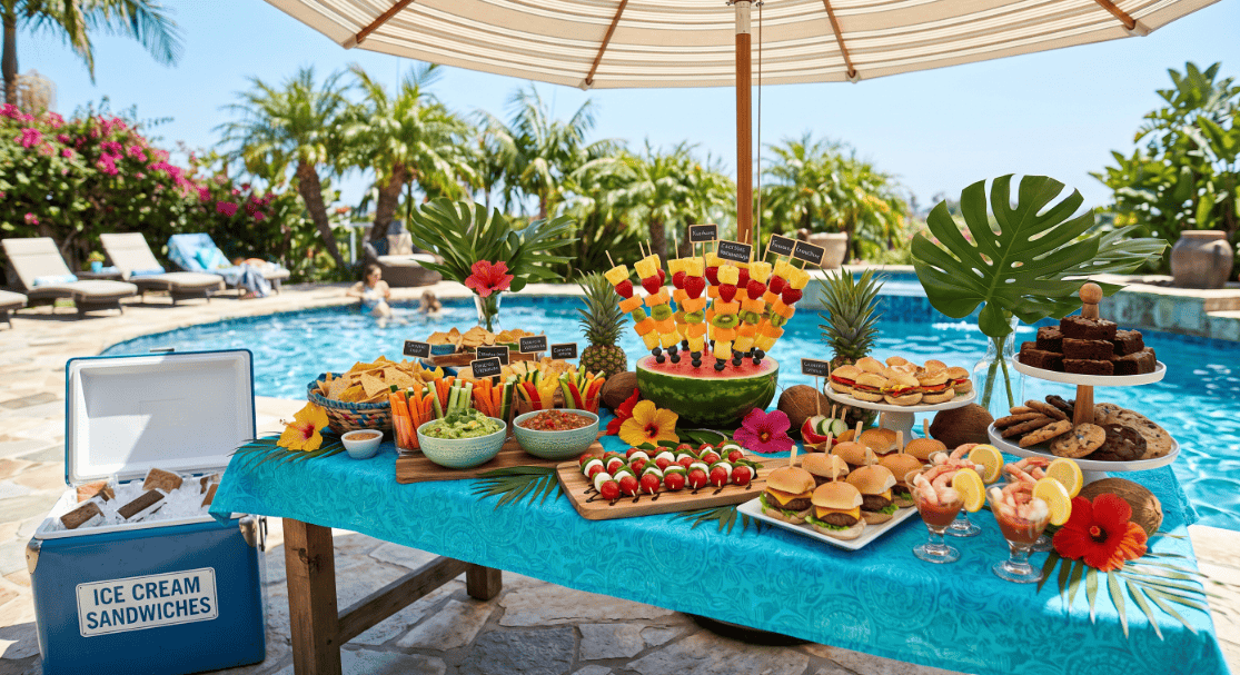 Colorful tropical-themed dessert table by the poolside with fruit, cakes, and snacks for a summer pa.