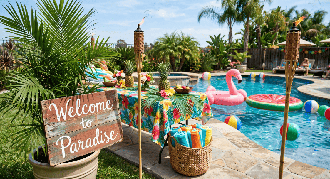 Vibrant pool party scene with inflatables, tropical decor, and colorful table setting for kids and a.