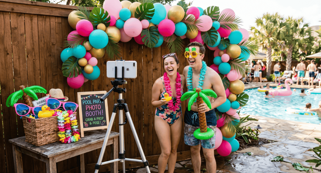 Colorful balloon arch and photo booth at a lively pool party with friends.