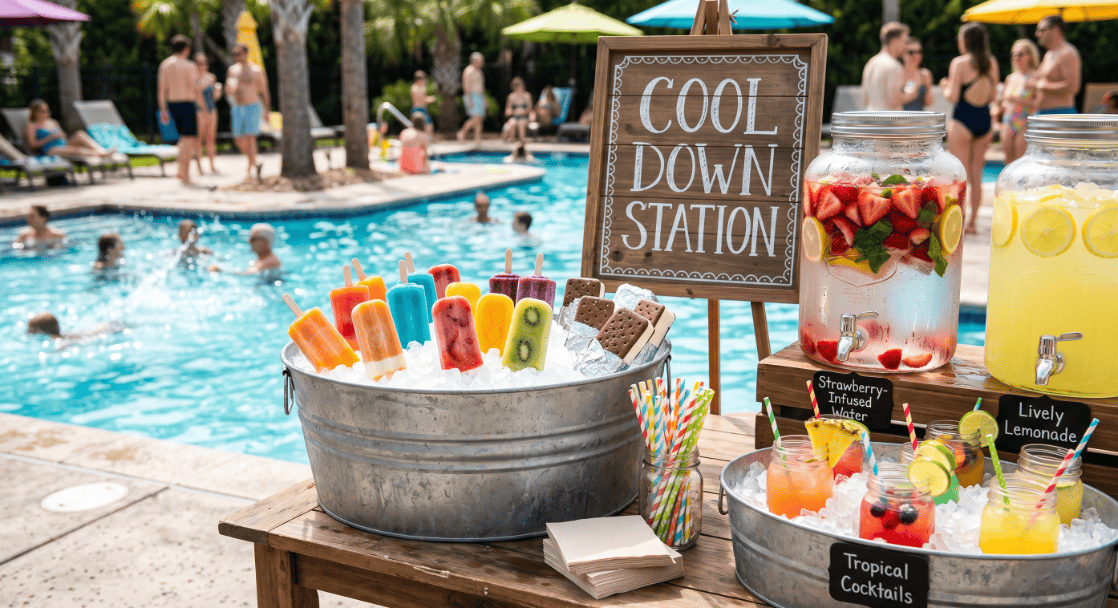 Poolside refreshment station with colorful ice pops, fruit-infused water, and tropical cocktails for.