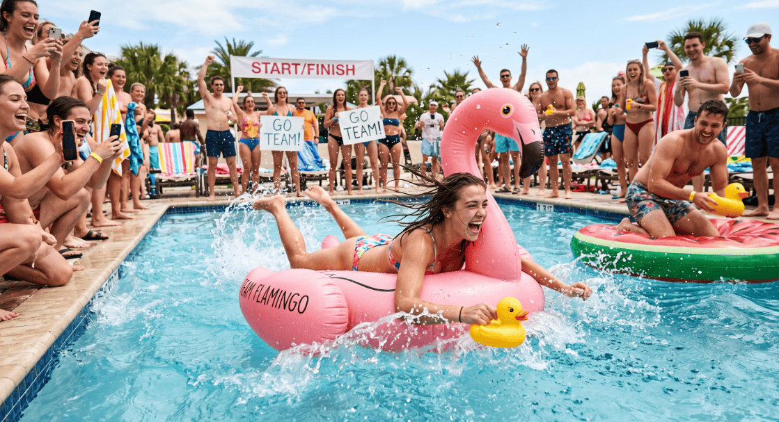 Vibrant pool party scene featuring kids and adults enjoying swimming and floating on inflatables. Pe.