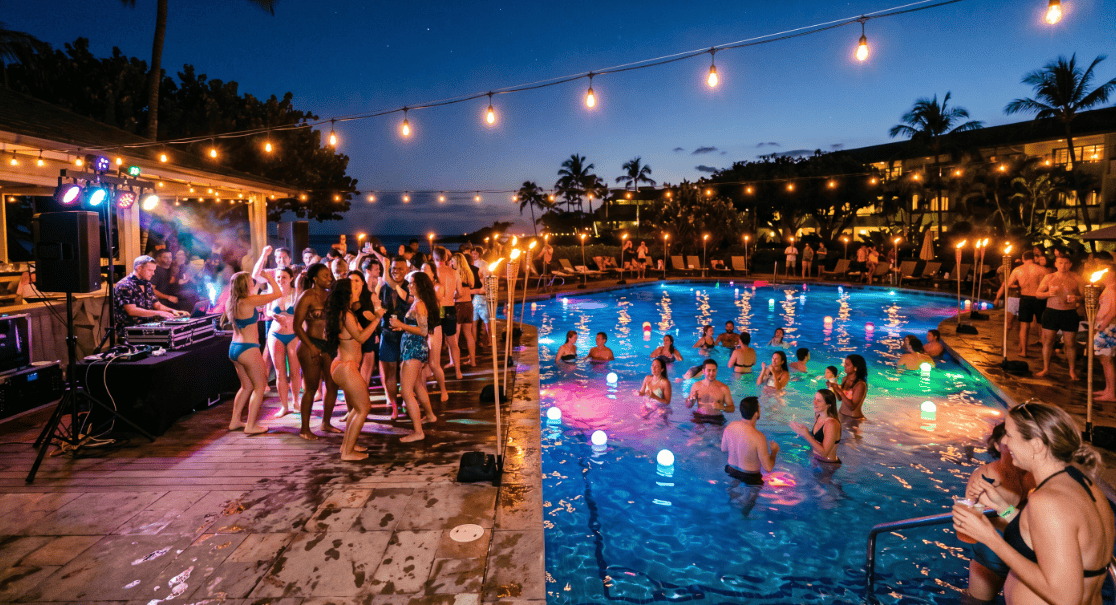 Vibrant pool party scene with dancing, string lights, and guests enjoying a fun evening.