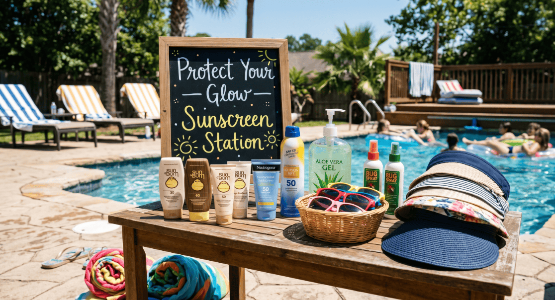 Sunscreen station with various bottles and hats at pool party.