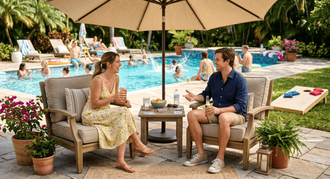 Friends enjoying a sunny poolside chat with drinks and comfortable seating.