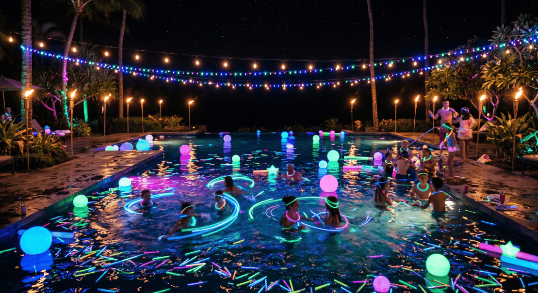 Brightly lit pool party scene with glowing floats, neon lights, and kids enjoying a fun evening swim.