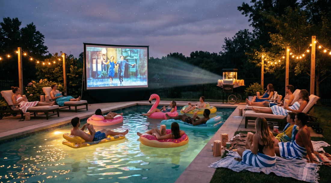 Outdoor pool party with floating inflatables, cozy seating, and a large outdoor movie screen under s.