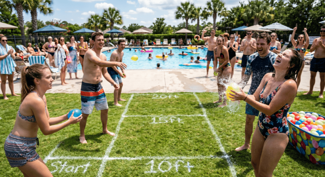 Kids and adults playing a water balloon toss game at a lively pool party.