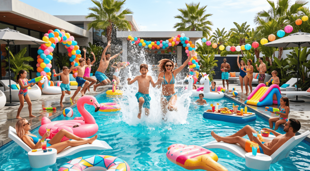 Vibrant pool party scene featuring kids and adults playing with floats, water splashes, and summer d.