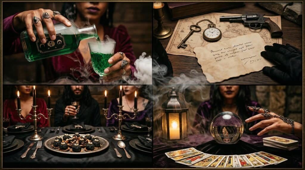 Halloween themed party with drinks, tarot cards, and mystical decor.