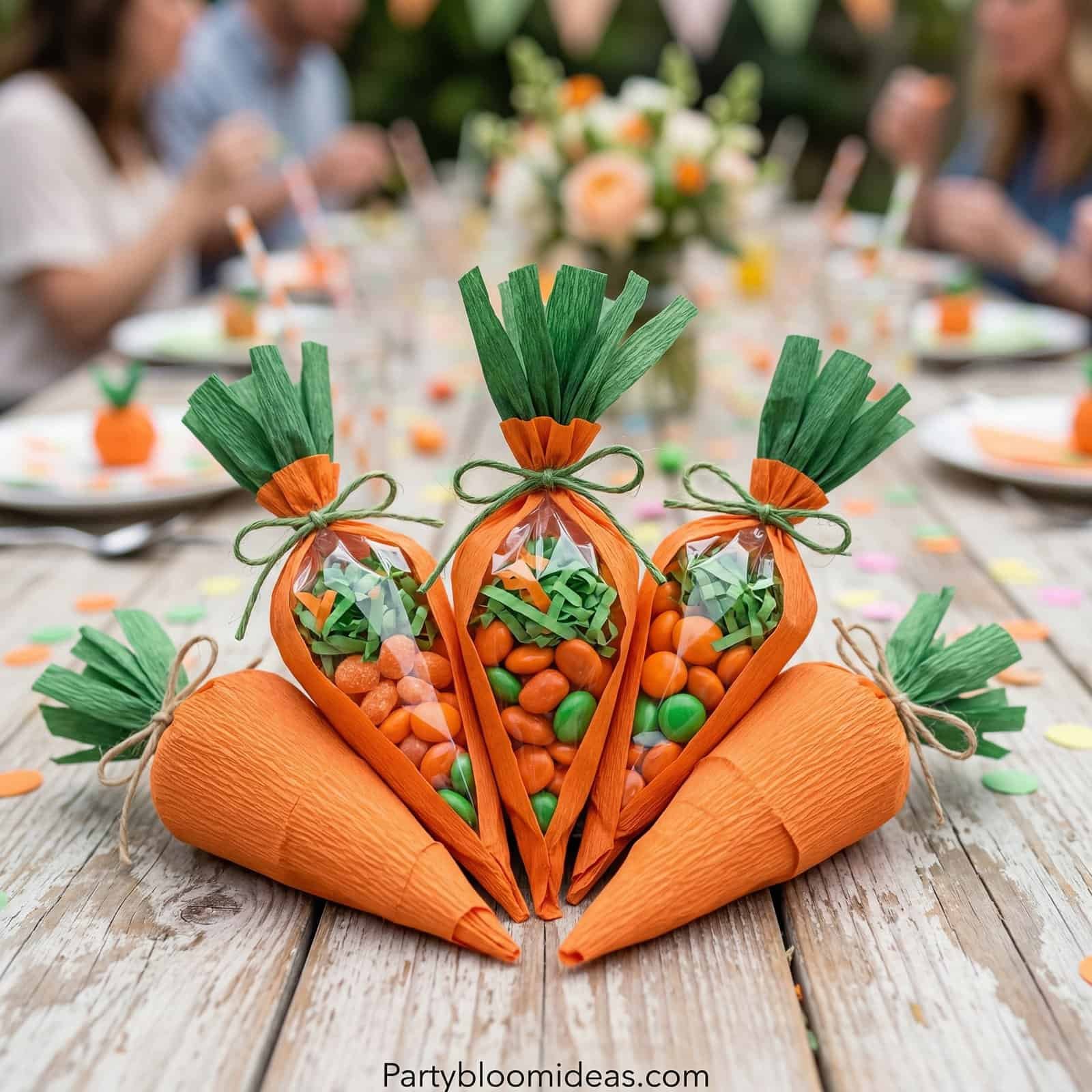 Colorful DIY Easter carrot treat bags with candies, ideal for holiday party decor.