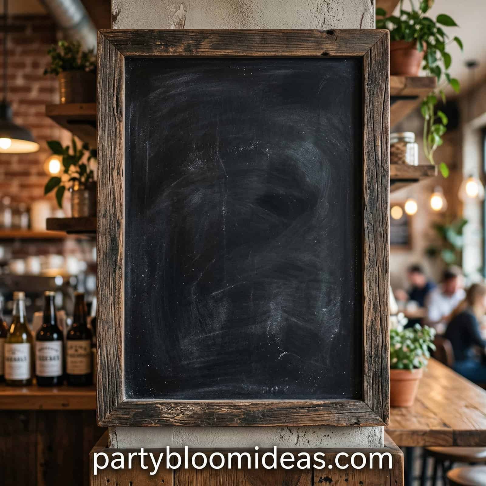 Rustic chalkboard sign for outdoor BBQ party with wooden frame.
