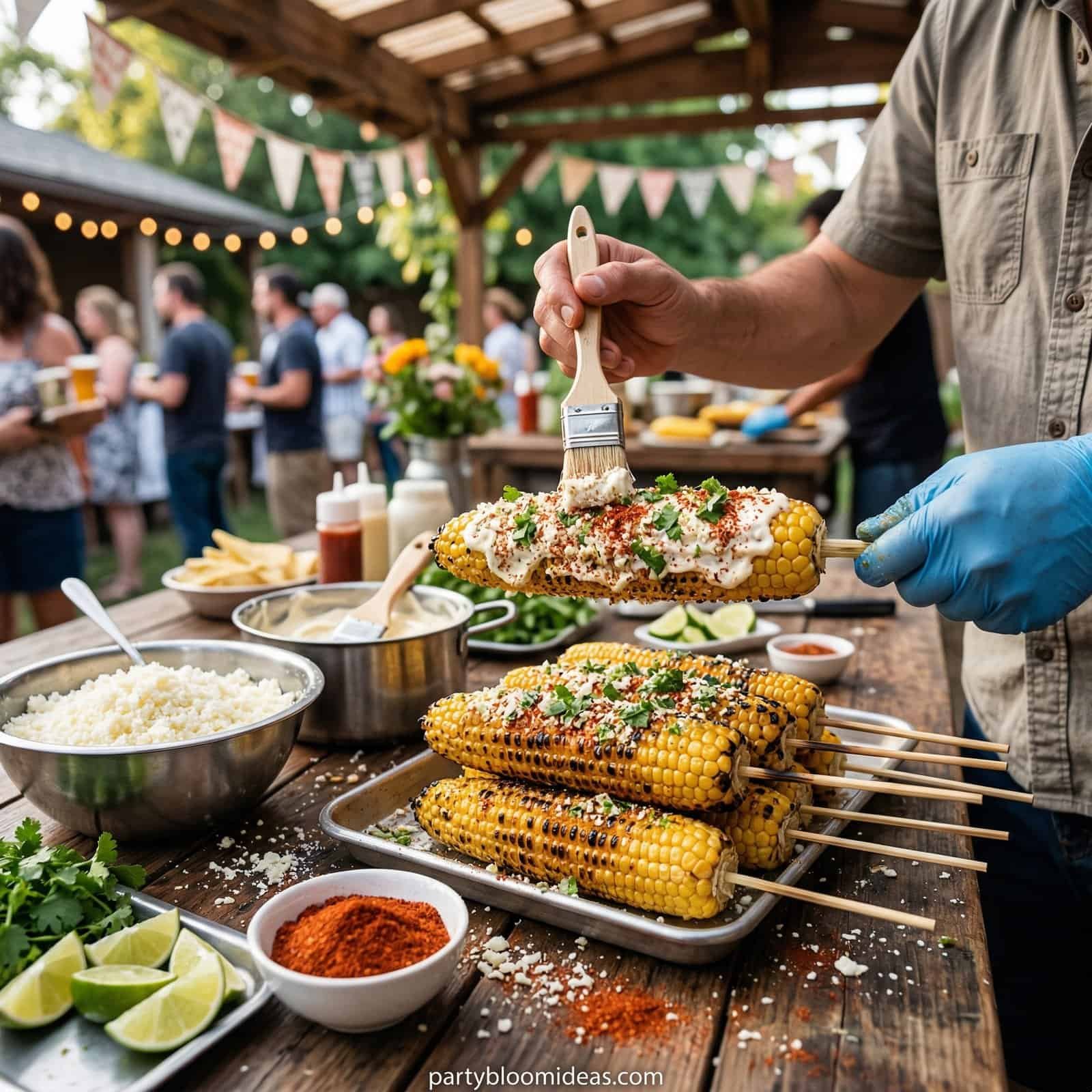 Delicious grilled corn on skewers at a backyard BBQ party with guests in the background.